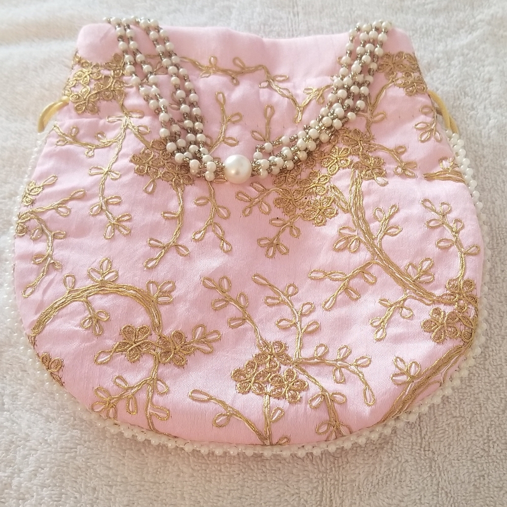 Pink and Gold Intricate Embroidered Silk Potli Bag with Pearl Beaded Strap. 9"